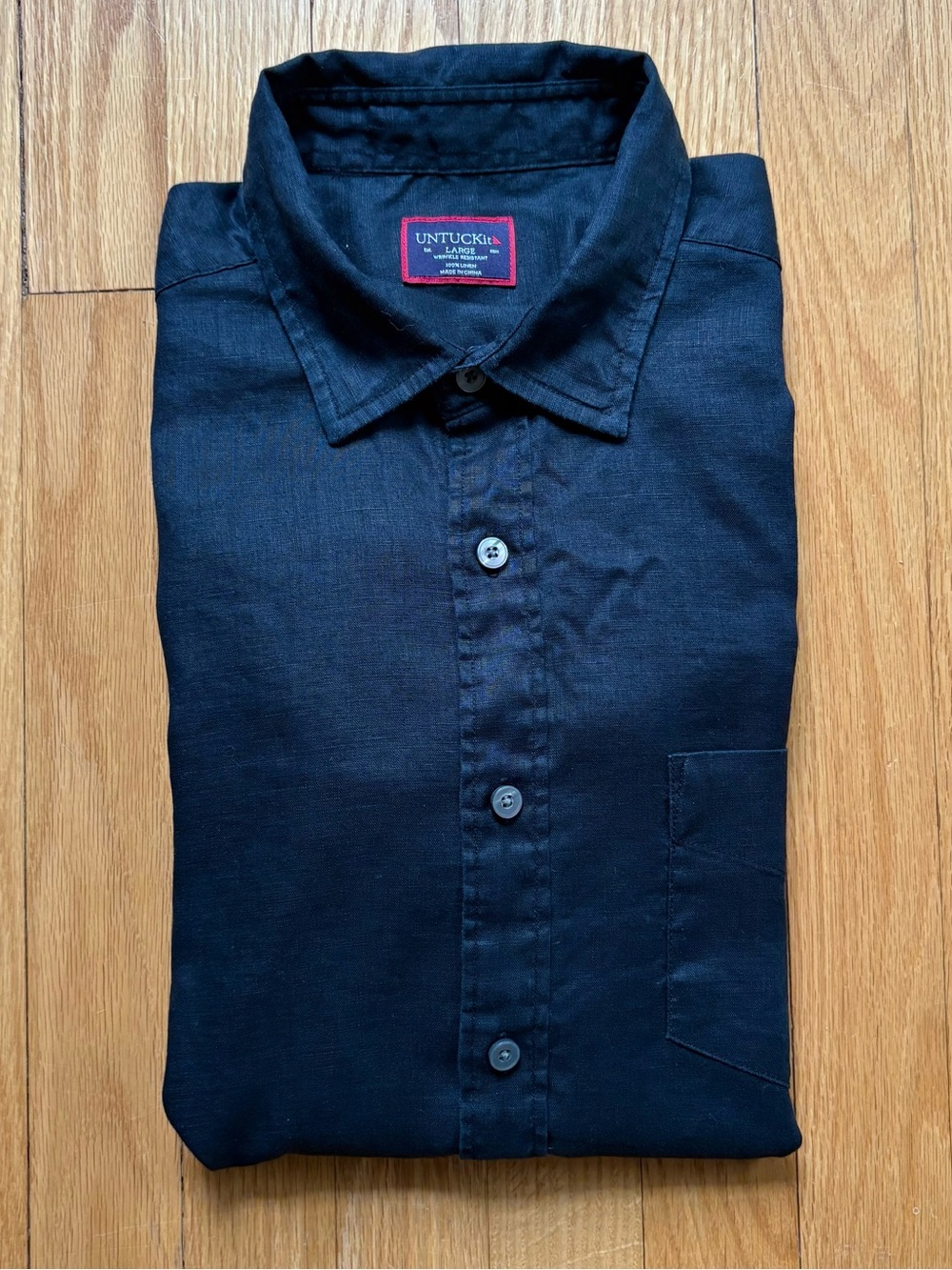 UNTUCKit Men Long Sleeve Linen Shirt Wrinkle Resist Slim Fit Large Black Solid